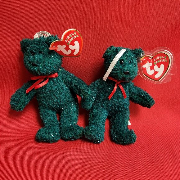 Holiday Green Teddy Ty Jingle Beanies Set of 2 Plush Christmas Ornaments 2004 - Picture 11 of 12